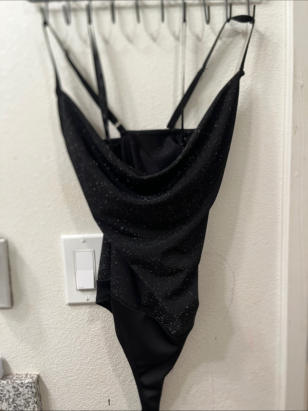 G by Guess Black Sparkle Cowl-Neck Bodysuit